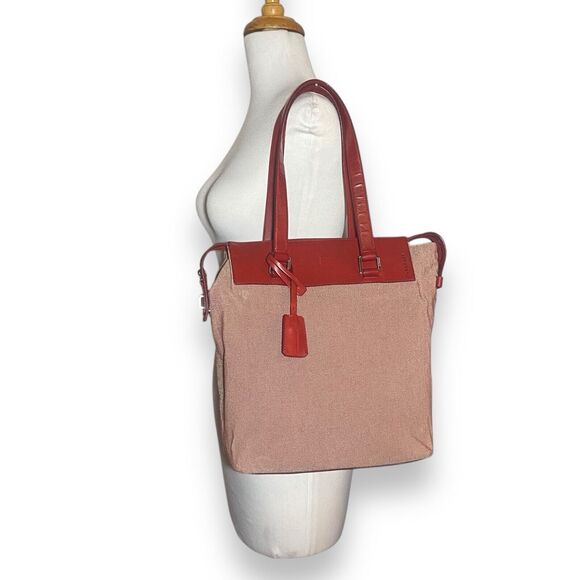 Jil Sander Shoulder Bag Red Leather & Canvas Tote Leather Lining w Keys No Lock - Picture 6 of 15